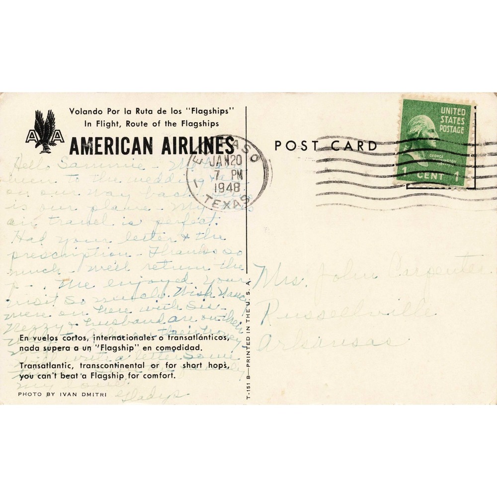 American Airlines Douglas DC-4 Flagship Linen Postcard Ivan Dmitri 1948 - Picture 2 of 2